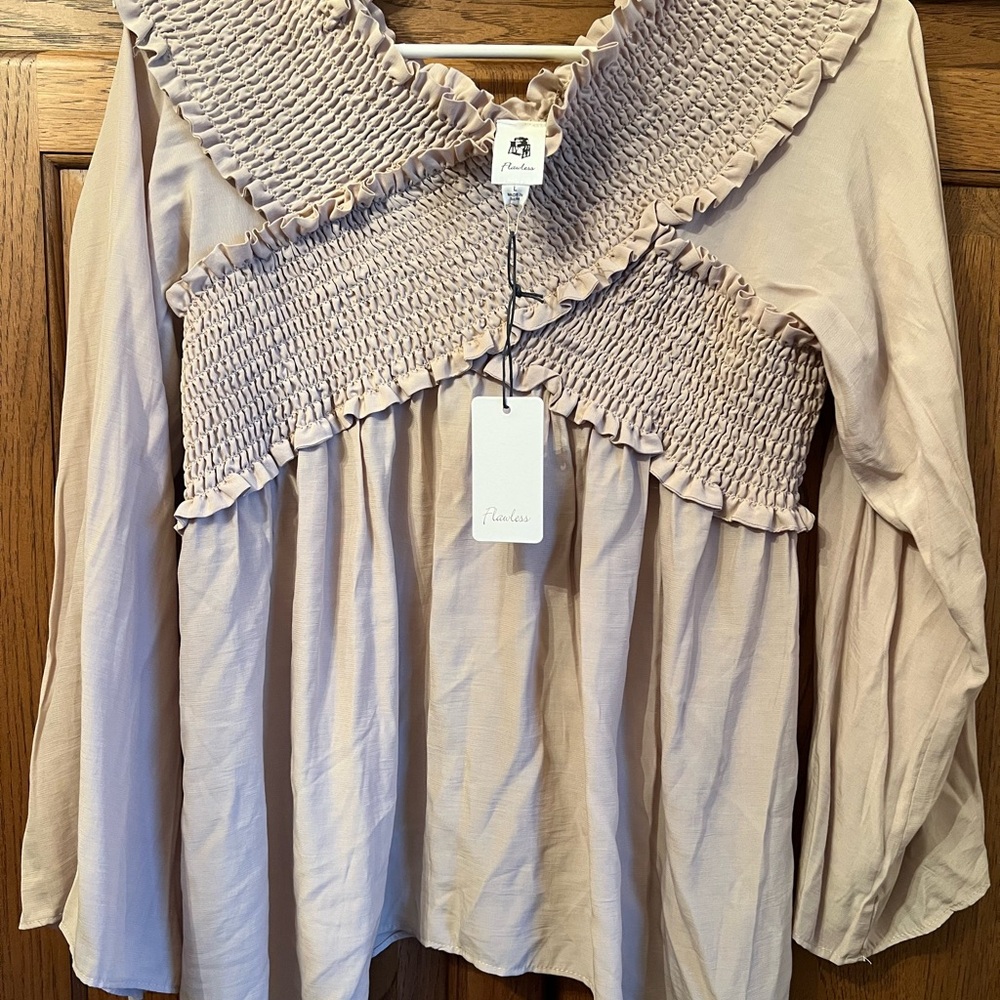 Elegant Beige Smocked Blouse
